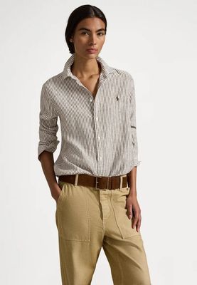 POLO RALPH LAUREN CLASSIC FIT STRIPED LINEN SHIRT - SKJORTEBLUSE - DARK BROWN/WHITE