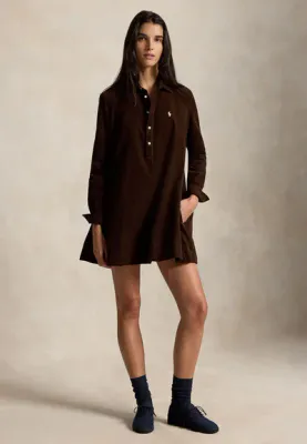 POLO RALPH LAUREN CORDUROY PLEATED SHIRT DRESS BROWN 